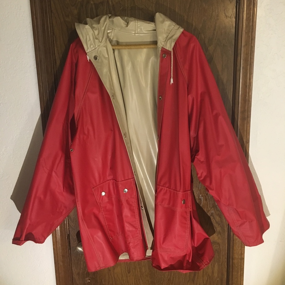 red and beige raincoat